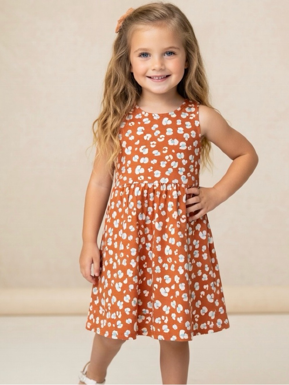 🌸 H&M Girl’s Summer Dress 5T – Orange with White & Blue Poppies